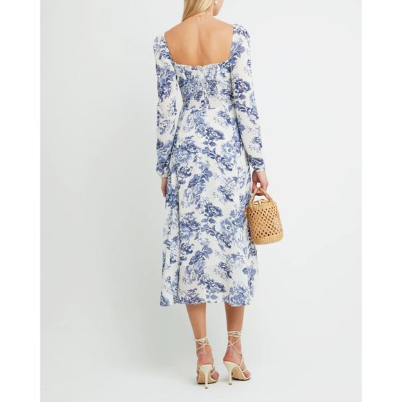 Blue Floral Dress w/High Slit by manu Reformation Sigmund Olympia White Midi 8 M - Picture 2 of 6